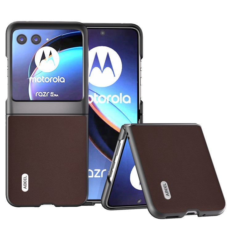 ABEEL For Motorola Razr 40 Ultra 5G Nappa Texture Phone Case Genuine Cow Leather+PC Protective Cover - Coffee