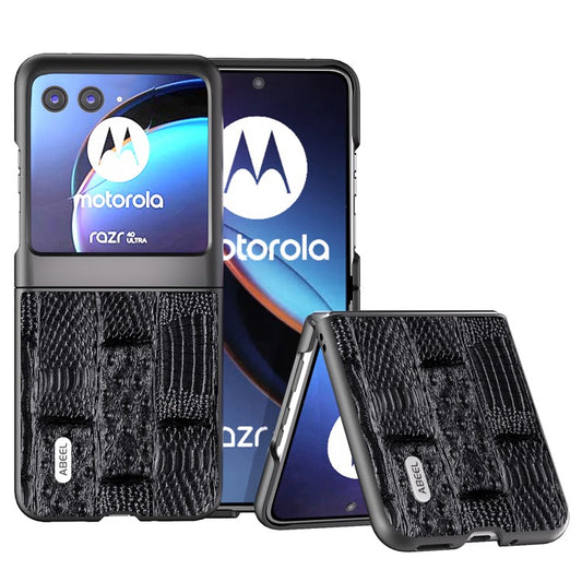 ABEEL For Motorola Razr 40 Ultra 5G Mahjong Texture Phone Case Genuine Cow Leather+PC Ultra Slim Cover - Black