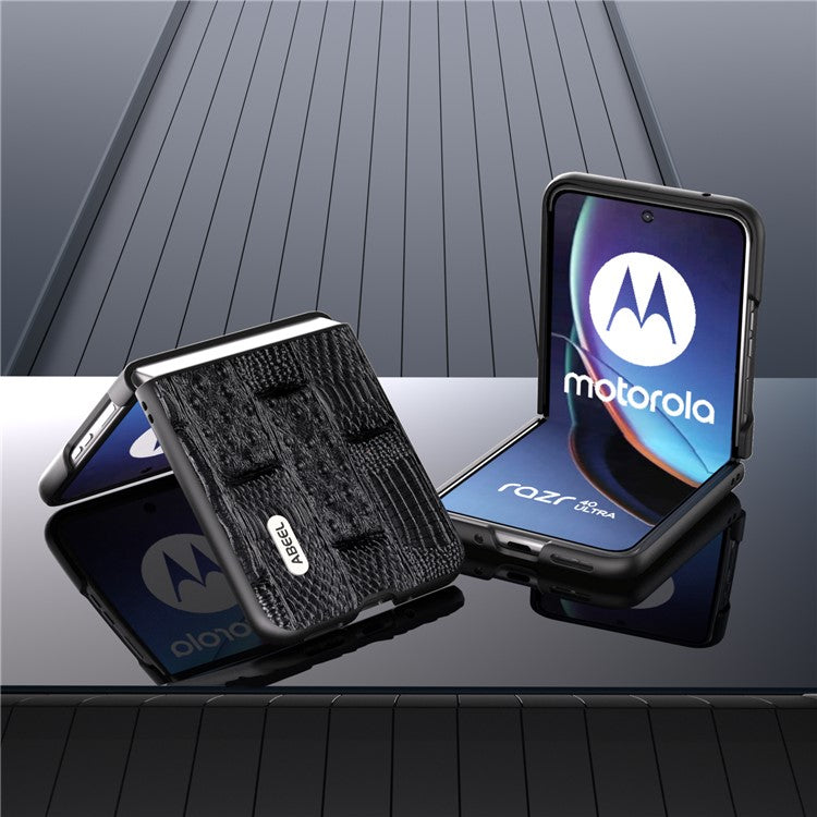 ABEEL For Motorola Razr 40 Ultra 5G Mahjong Texture Phone Case Genuine Cow Leather+PC Ultra Slim Cover - Black