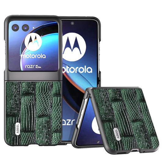 ABEEL For Motorola Razr 40 Ultra 5G Mahjong Texture Phone Case Genuine Cow Leather+PC Ultra Slim Cover - Green