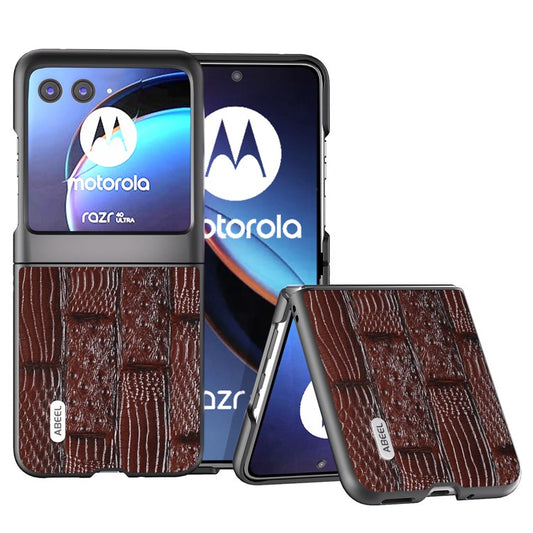 ABEEL For Motorola Razr 40 Ultra 5G Mahjong Texture Phone Case Genuine Cow Leather+PC Ultra Slim Cover - Brown