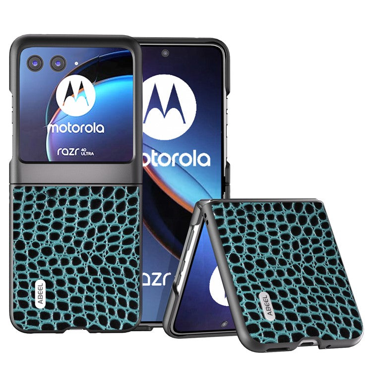 ABEEL For Motorola Razr 40 Ultra 5G Crocodile Texture Slim Case Genuine Cow Leather+PC Protective Phone Cover - Blue