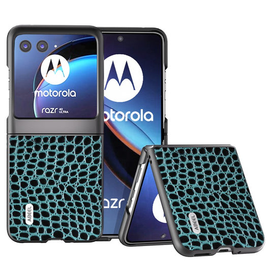 ABEEL For Motorola Razr 40 Ultra 5G Crocodile Texture Slim Case Genuine Cow Leather+PC Protective Phone Cover - Blue