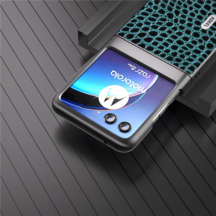 ABEEL For Motorola Razr 40 Ultra 5G Crocodile Texture Slim Case Genuine Cow Leather+PC Protective Phone Cover - Blue