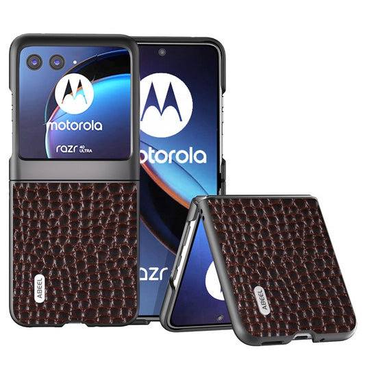 ABEEL For Motorola Razr 40 Ultra 5G Crocodile Texture Slim Case Genuine Cow Leather+PC Protective Phone Cover - Coffee
