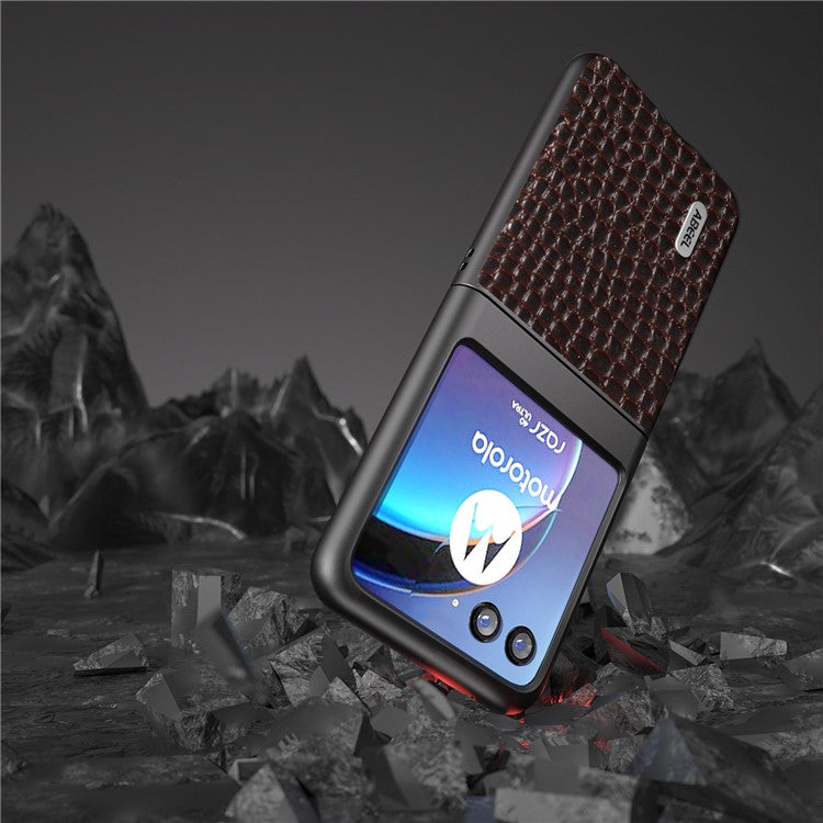 ABEEL For Motorola Razr 40 Ultra 5G Crocodile Texture Slim Case Genuine Cow Leather+PC Protective Phone Cover - Coffee