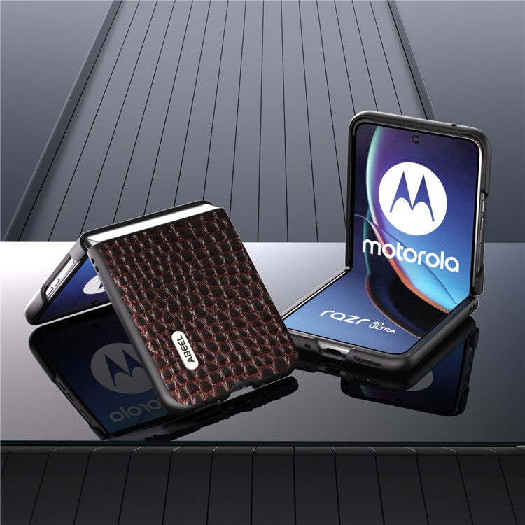 ABEEL For Motorola Razr 40 Ultra 5G Crocodile Texture Slim Case Genuine Cow Leather+PC Protective Phone Cover - Coffee