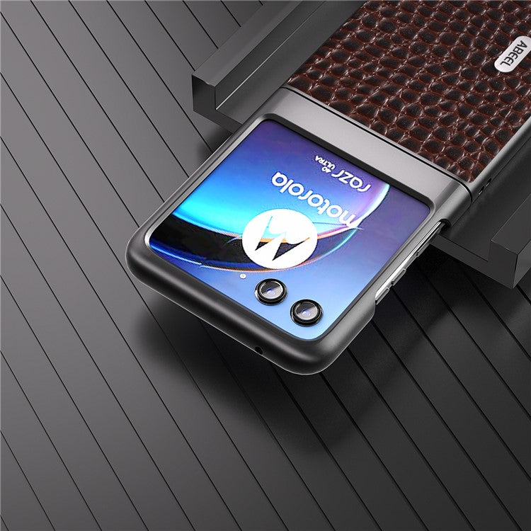 ABEEL For Motorola Razr 40 Ultra 5G Crocodile Texture Slim Case Genuine Cow Leather+PC Protective Phone Cover - Coffee