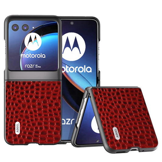 ABEEL For Motorola Razr 40 Ultra 5G Crocodile Texture Slim Case Genuine Cow Leather+PC Protective Phone Cover - Red