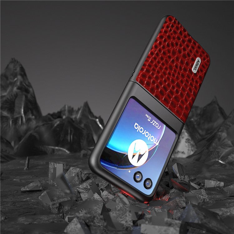 ABEEL For Motorola Razr 40 Ultra 5G Crocodile Texture Slim Case Genuine Cow Leather+PC Protective Phone Cover - Red