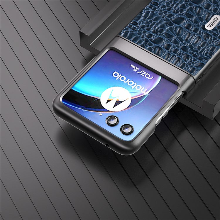 ABEEL For Motorola Razr 40 Ultra 5G Shockproof Back Cover Genuine Cow Leather+PC Phone Case - Blue