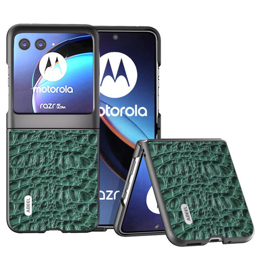 ABEEL For Motorola Razr 40 Ultra 5G Shockproof Back Cover Genuine Cow Leather+PC Phone Case - Green