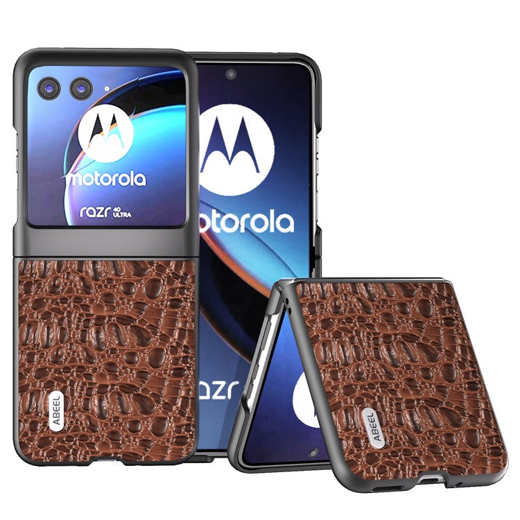 ABEEL For Motorola Razr 40 Ultra 5G Shockproof Back Cover Genuine Cow Leather+PC Phone Case - Brown