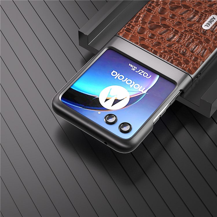 ABEEL For Motorola Razr 40 Ultra 5G Shockproof Back Cover Genuine Cow Leather+PC Phone Case - Brown