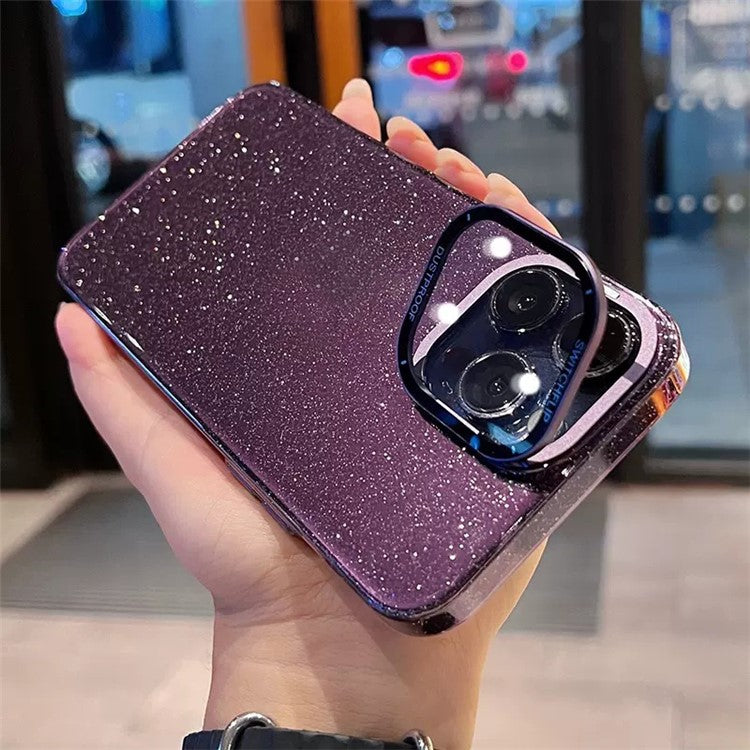 Phone Shell for iPhone 14 Pro Bump Proof Glitter PC Case with Camera Protection Cover Kickstand - Dark Purple