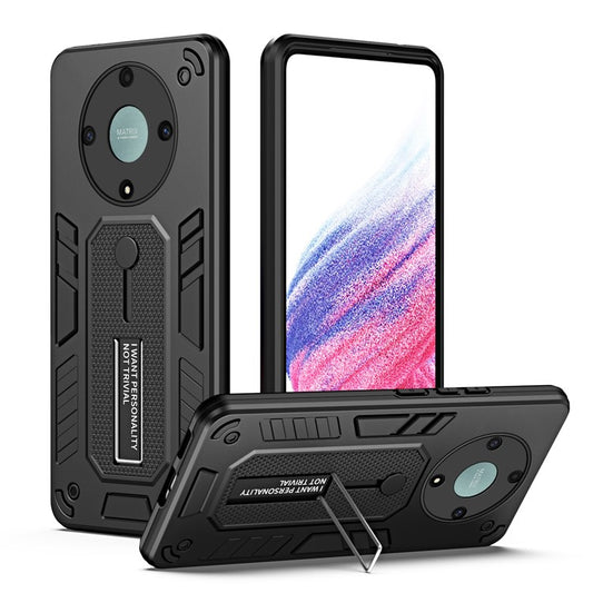 For Honor X9a 5G / X40 5G / Magic5 Lite 5G Metal Kickstand Phone Case Silicone Ring Strap TPU+PC Cover - Black