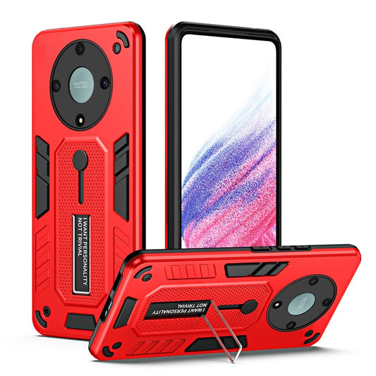 For Honor X9a 5G / X40 5G / Magic5 Lite 5G Metal Kickstand Phone Case Silicone Ring Strap TPU+PC Cover - Red