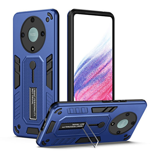 For Honor X9a 5G / X40 5G / Magic5 Lite 5G Metal Kickstand Phone Case Silicone Ring Strap TPU+PC Cover - Blue