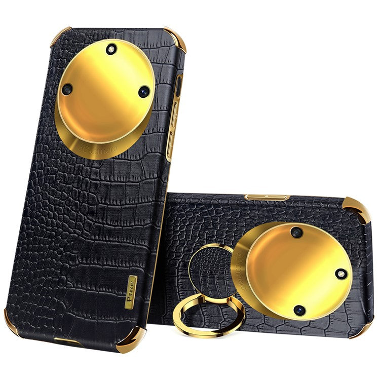 For Honor X40 5G Kickstand Phone Case Crocodile Texture PU Leather Coated 6D Electroplated TPU Cover - Black