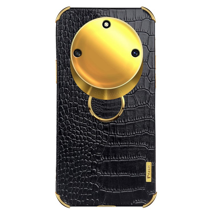 For Honor X40 5G Kickstand Phone Case Crocodile Texture PU Leather Coated 6D Electroplated TPU Cover - Black