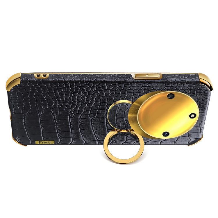 For Honor X40 5G Kickstand Phone Case Crocodile Texture PU Leather Coated 6D Electroplated TPU Cover - Black