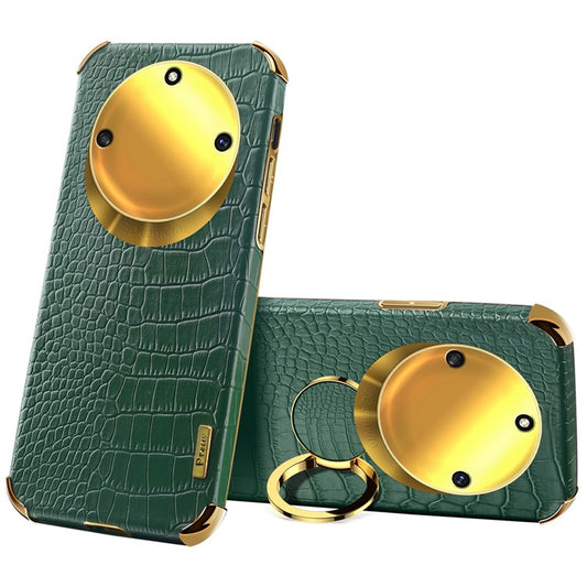 For Honor X40 5G Kickstand Phone Case Crocodile Texture PU Leather Coated 6D Electroplated TPU Cover - Green