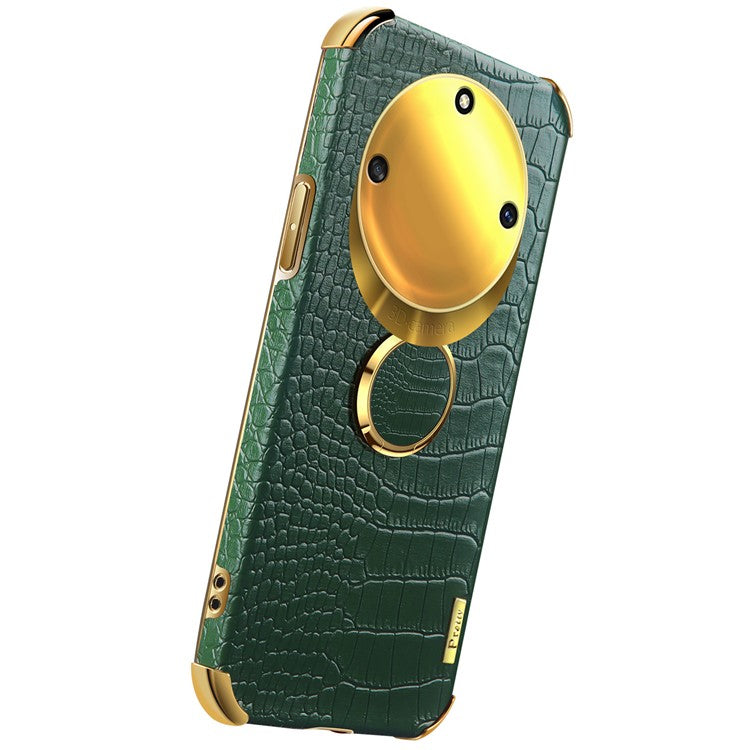 For Honor X40 5G Kickstand Phone Case Crocodile Texture PU Leather Coated 6D Electroplated TPU Cover - Green