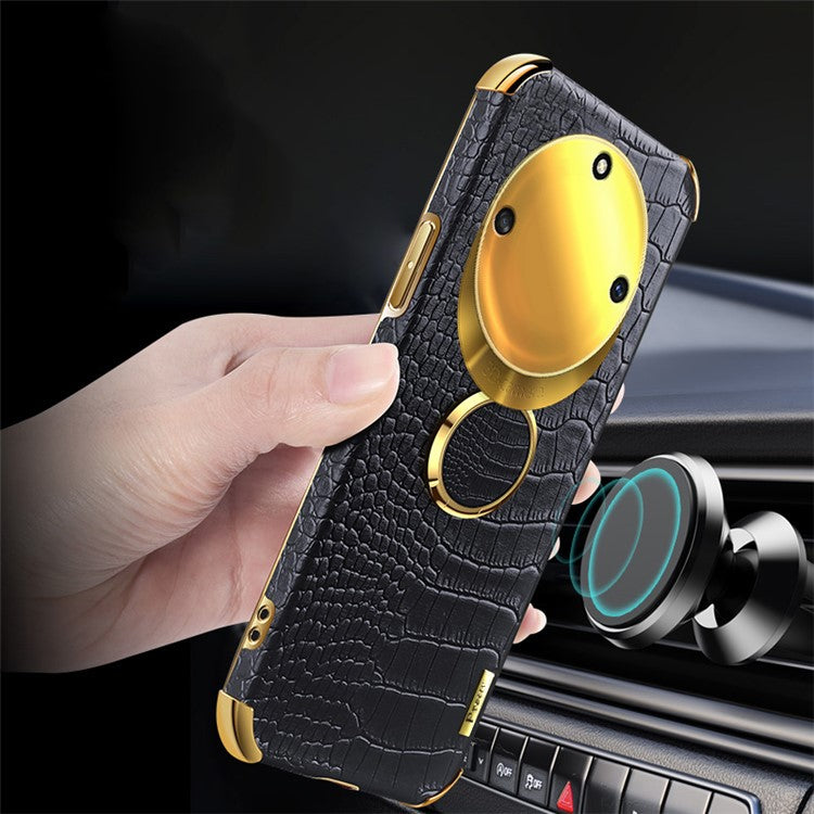 For Honor X40 5G Kickstand Phone Case Crocodile Texture PU Leather Coated 6D Electroplated TPU Cover - Green