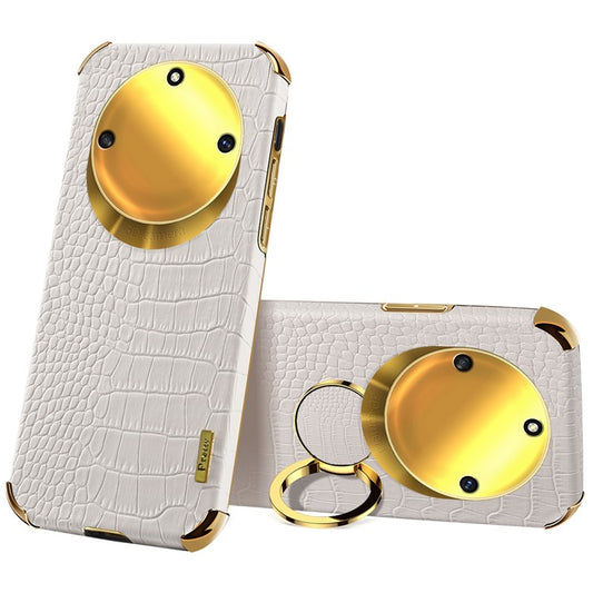 For Honor X40 5G Kickstand Phone Case Crocodile Texture PU Leather Coated 6D Electroplated TPU Cover - White