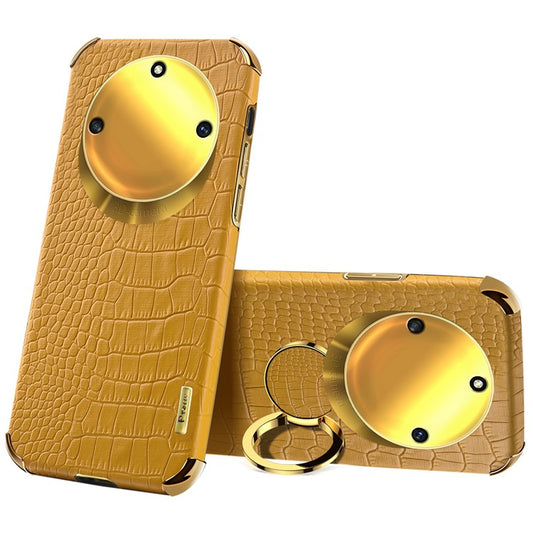 For Honor X40 5G Kickstand Phone Case Crocodile Texture PU Leather Coated 6D Electroplated TPU Cover - Yellow