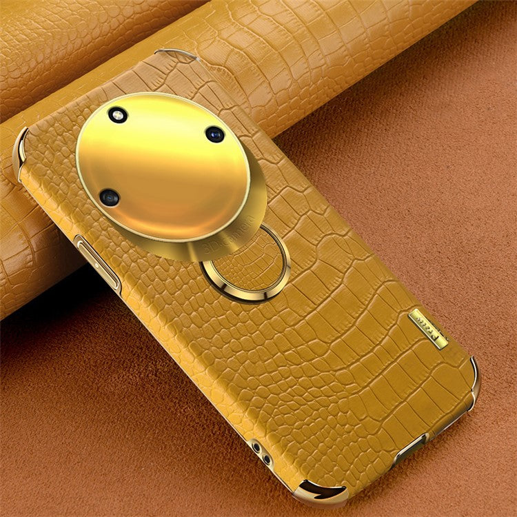 For Honor X40 5G Kickstand Phone Case Crocodile Texture PU Leather Coated 6D Electroplated TPU Cover - Yellow