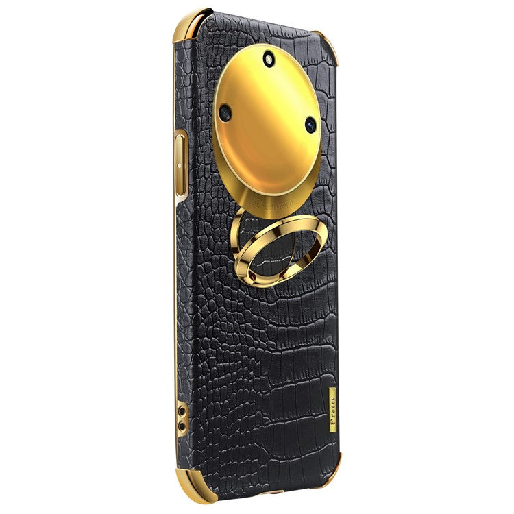 For Honor X40 5G Kickstand Phone Case Crocodile Texture PU Leather Coated 6D Electroplated TPU Cover - Yellow