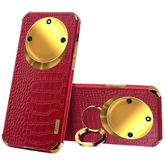 For Honor X40 5G Kickstand Phone Case Crocodile Texture PU Leather Coated 6D Electroplated TPU Cover - Red