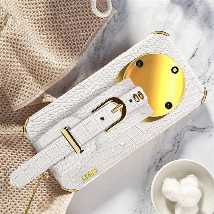 Wristband Kickstand Phone for Honor X40 5G , Electroplating PU Leather Coated TPU Anti-drop Cover - White