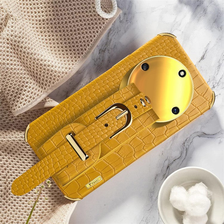 Wristband Kickstand Phone for Honor X40 5G , Electroplating PU Leather Coated TPU Anti-drop Cover - Yellow