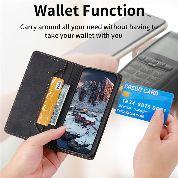 DF-05 For iPhone 14 Pro Leather Phone Case Protector Cover RFID Blocking Wallet Stand Shell - Black