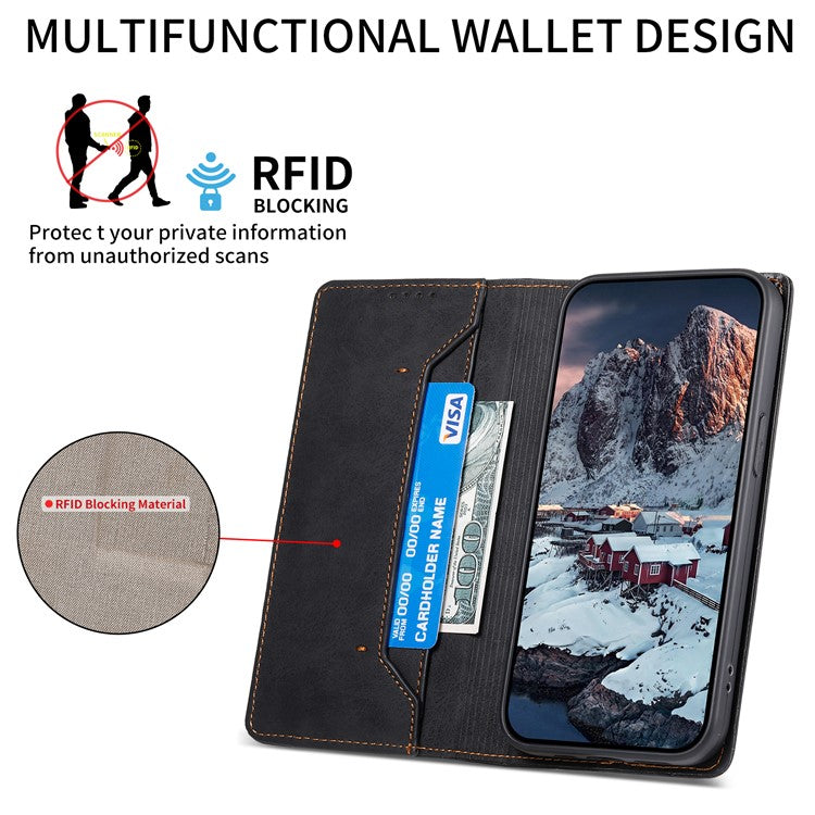 DF-05 For iPhone 14 Pro Leather Phone Case Protector Cover RFID Blocking Wallet Stand Shell - Black