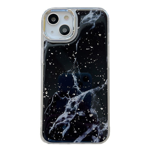 For iPhone 14 Marble Pattern Silver Foil Phone Case Epoxy Hard Acrylic+TPU Phone Shell Electroplating Cover - Black
