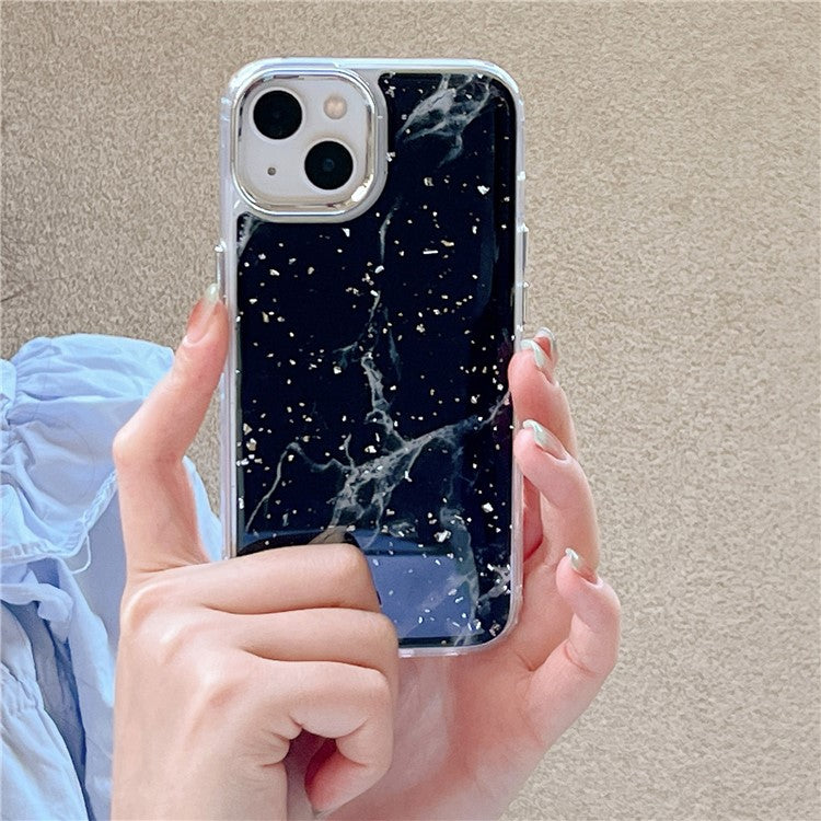 For iPhone 14 Marble Pattern Silver Foil Phone Case Epoxy Hard Acrylic+TPU Phone Shell Electroplating Cover - Black