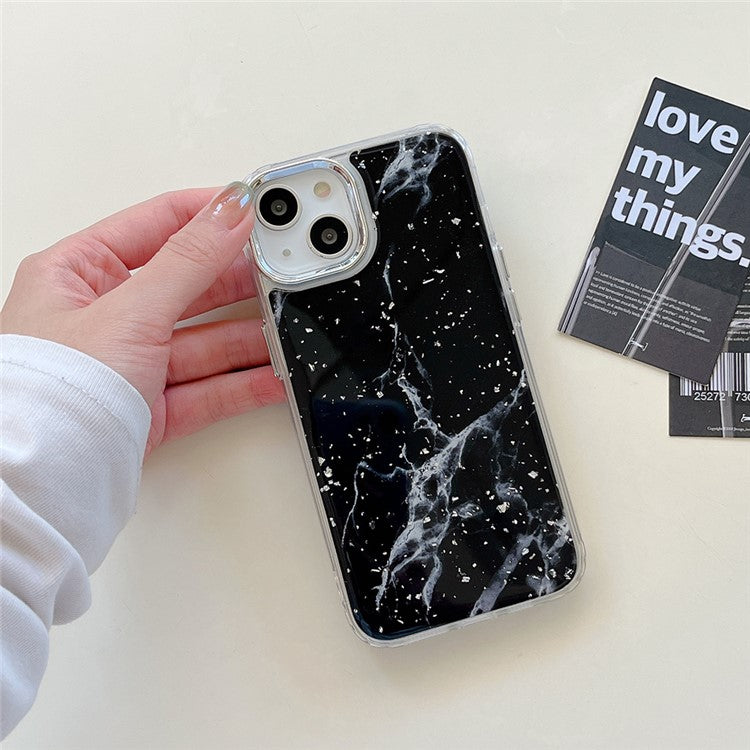 For iPhone 14 Marble Pattern Silver Foil Phone Case Epoxy Hard Acrylic+TPU Phone Shell Electroplating Cover - Black