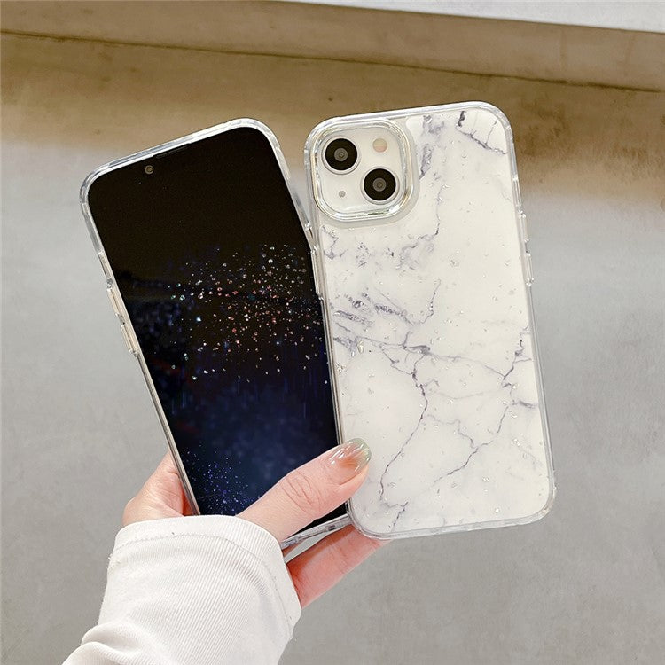 For iPhone 14 Marble Pattern Silver Foil Phone Case Epoxy Hard Acrylic+TPU Phone Shell Electroplating Cover - Black