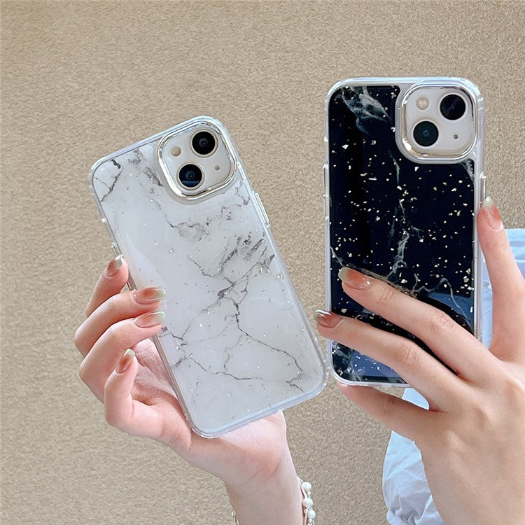 For iPhone 14 Marble Pattern Silver Foil Phone Case Epoxy Hard Acrylic+TPU Phone Shell Electroplating Cover - Black