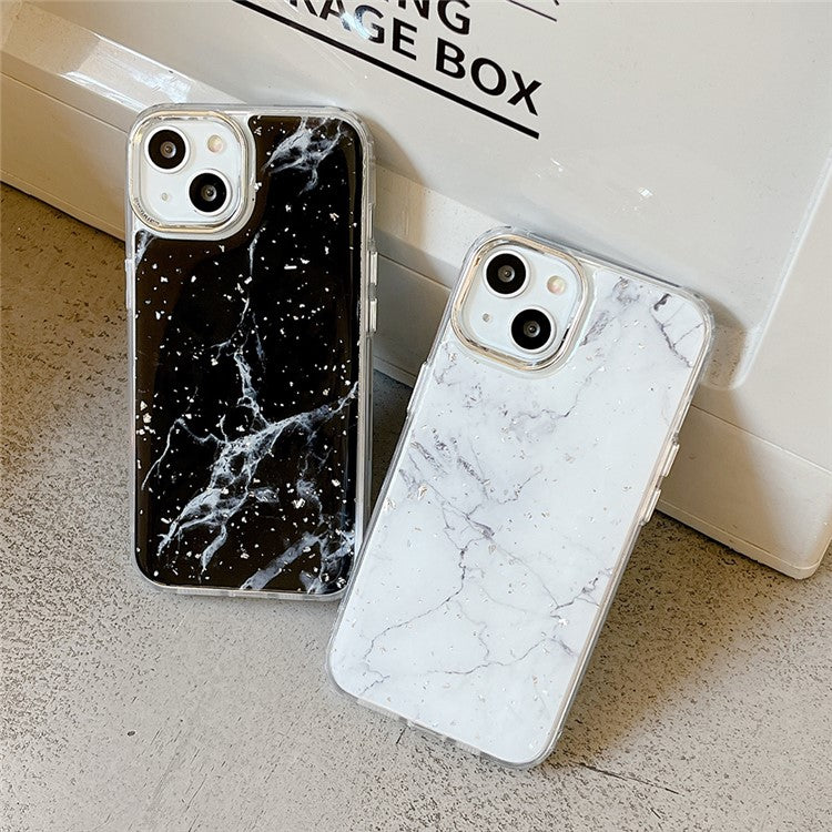For iPhone 14 Marble Pattern Silver Foil Phone Case Epoxy Hard Acrylic+TPU Phone Shell Electroplating Cover - Black