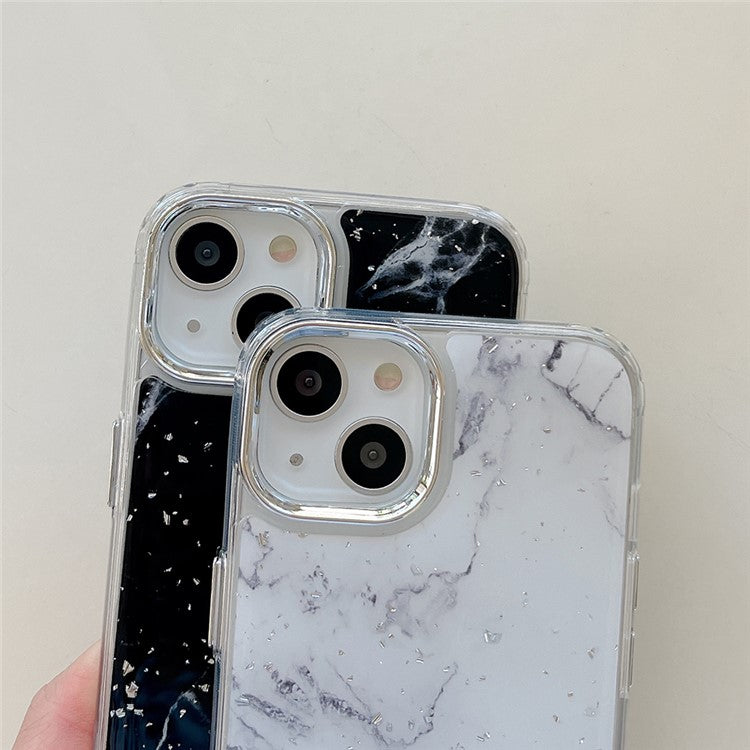 For iPhone 14 Marble Pattern Silver Foil Phone Case Epoxy Hard Acrylic+TPU Phone Shell Electroplating Cover - Black