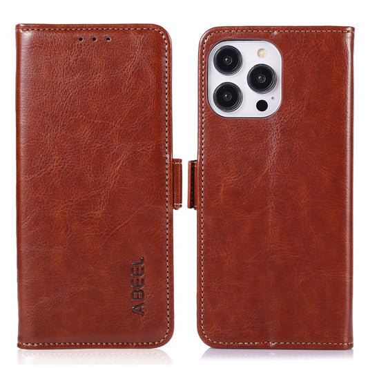 ABEEL Stand Case for iPhone 14 Pro Crazy Horse Texture PU Leather+TPU Wallet Phone Cover - Brown