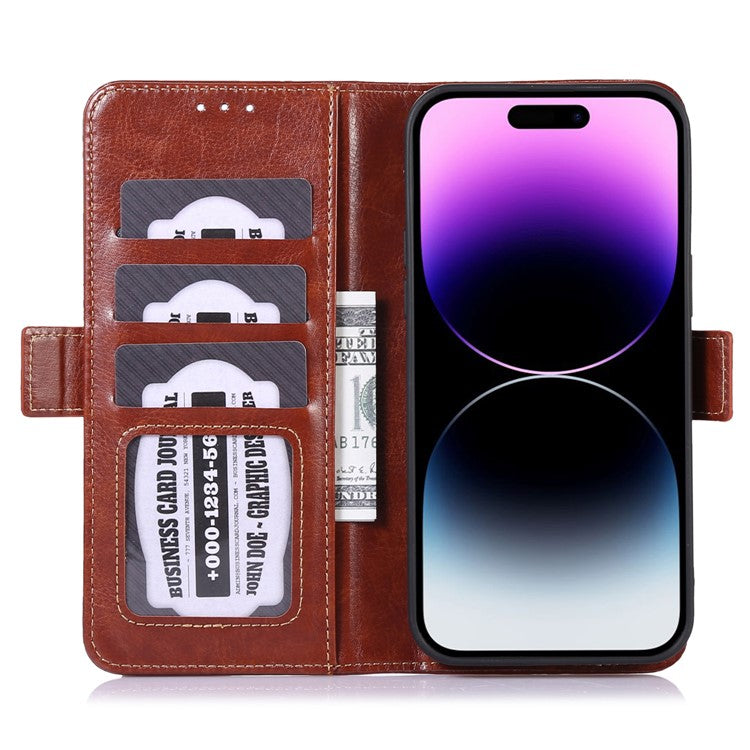 ABEEL Stand Case for iPhone 14 Pro Crazy Horse Texture PU Leather+TPU Wallet Phone Cover - Brown