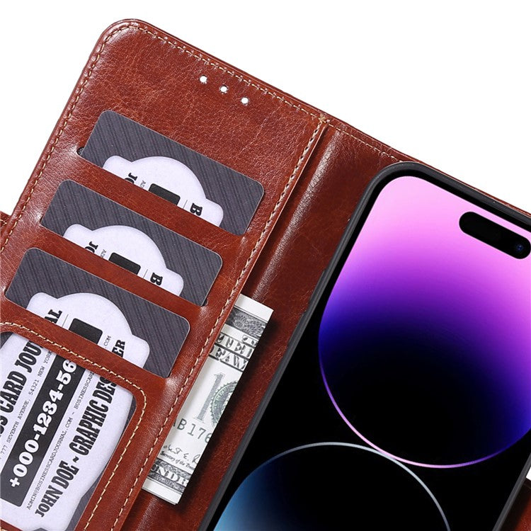 ABEEL Stand Case for iPhone 14 Pro Crazy Horse Texture PU Leather+TPU Wallet Phone Cover - Brown