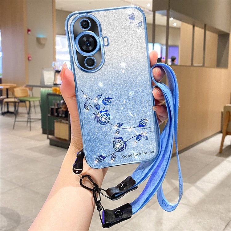 KADEM Glitter Phone Cover for Huawei nova 11 / nova 12s 4G / nova 12 Lite 4G Rhinestone Flower Gradient TPU Case with Strap - Blue