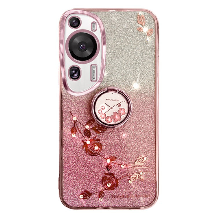 KADEM For Huawei P60 Art Rhinestone Flower TPU Cover Stylish Glitter Phone Case with Ring Kickstand - Rose Gold