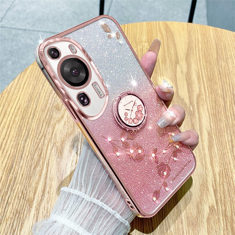 KADEM For Huawei P60 Art Rhinestone Flower TPU Cover Stylish Glitter Phone Case with Ring Kickstand - Rose Gold